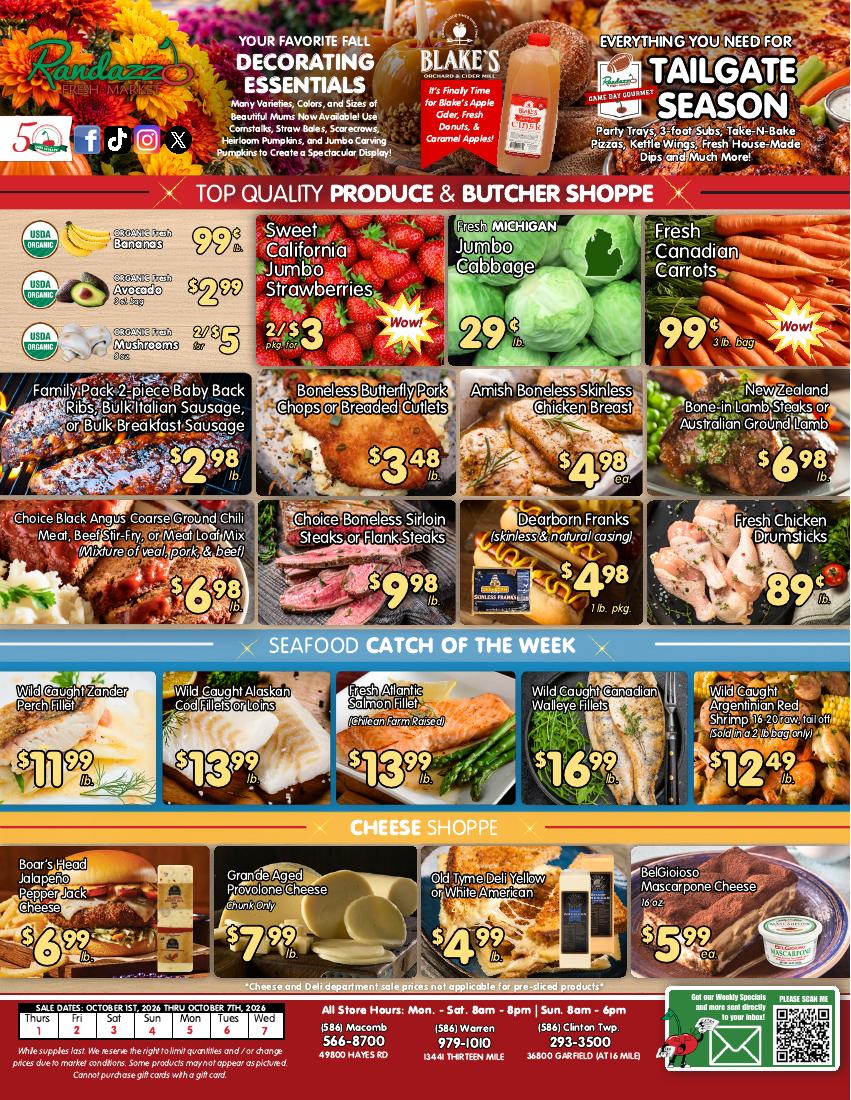 Weekly ad page 1: produce, butcher shoppe, seafood and cheese specials